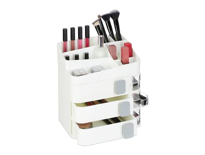 Relaxdays Make Up Organizer, 24 Fächer, Kosmetik Aufbewahrung, Kunststoff, HxBxT: 27,5x26x21 cm, Kosmetikorganizer, weiß