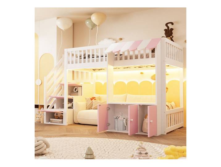 Flieks Hochbett Kinderbett Laden-Design 90×200cm mit Schrank und Stauraumtreppe