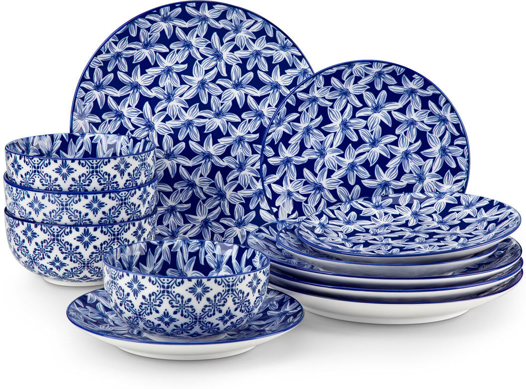 Vancasso 12 Pieces Porcelain Dinnerware, Round Plate, Dinner Plate, Dessert Plate And Bowl, Serve For 4 Person, Blue And White Porcelain, Ceramic Decal, Four D White Orchid 12