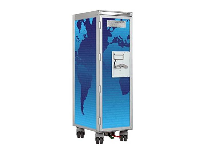 VanDeBord Flugzeugtrolley Weltkarte Blau, Gebrauchtes Original aus der Luftfahrt - ausgemustert und hochwertig restauriert, Flugzeug Servierwagen, Original Airline Trolley