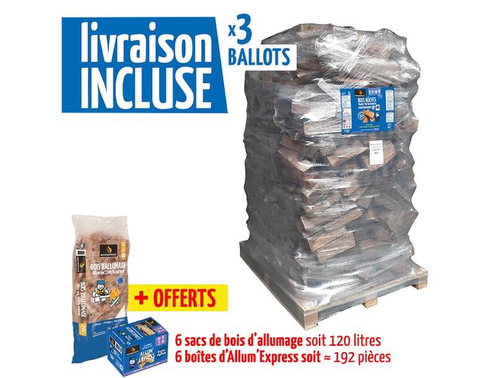Lot de 3 packs WOODSTOCK Bois bûche 40cm ballot 2000 dm3 + 6 sacs bois d'allumage + 6 boîtes d'allum'express