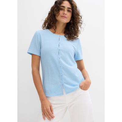 T-Shirt BONPRIX, Damen, Gr. 52/54 (XXL), blau (hellblau), Obermaterial: 97% Polyester, 3% Elasthan, slim fit, Shirts T-Shirt, Slim Fit Passform, Kurzarm-Design, mit Knopfleiste