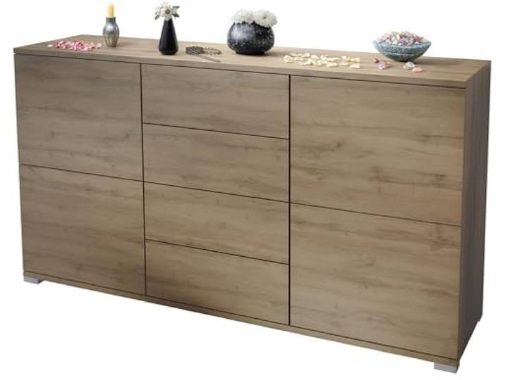 Vladon Sideboard Rova V1, Kommode mit 4 Türen und 4 Schubladen, Eiche Evoke/Eiche Evoke (138,5 x 75,5 x 35)