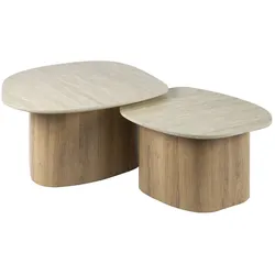 Couchtisch 2er-Set Joradis Keramik Travertin-Optik, modern viereckig, beige, mit Säulengestell