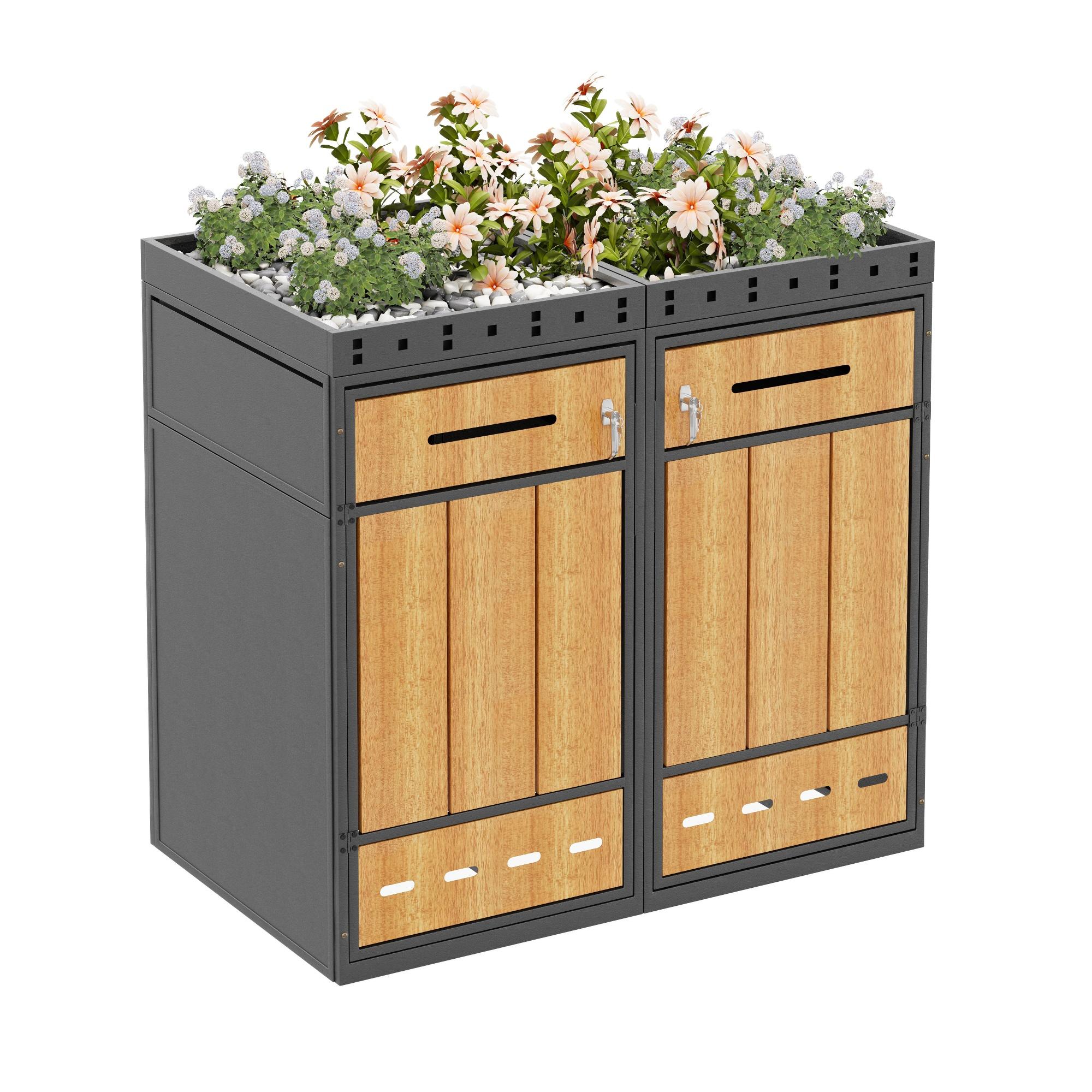 Mülltonnenbox, 2x Mülltonnenunterstand mit Hochbeet, Lüftungsöffnung, Türen, Mülltonnenverkleidung, 120/240 Liter, abschließbare Müllbox