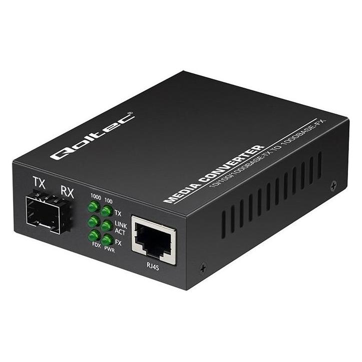 Qoltec Bidirektionaler Medienkonverter Ethernet SWITCH 1x RJ45 1x SFP | 1000 Mbit/s | 5V (52295)