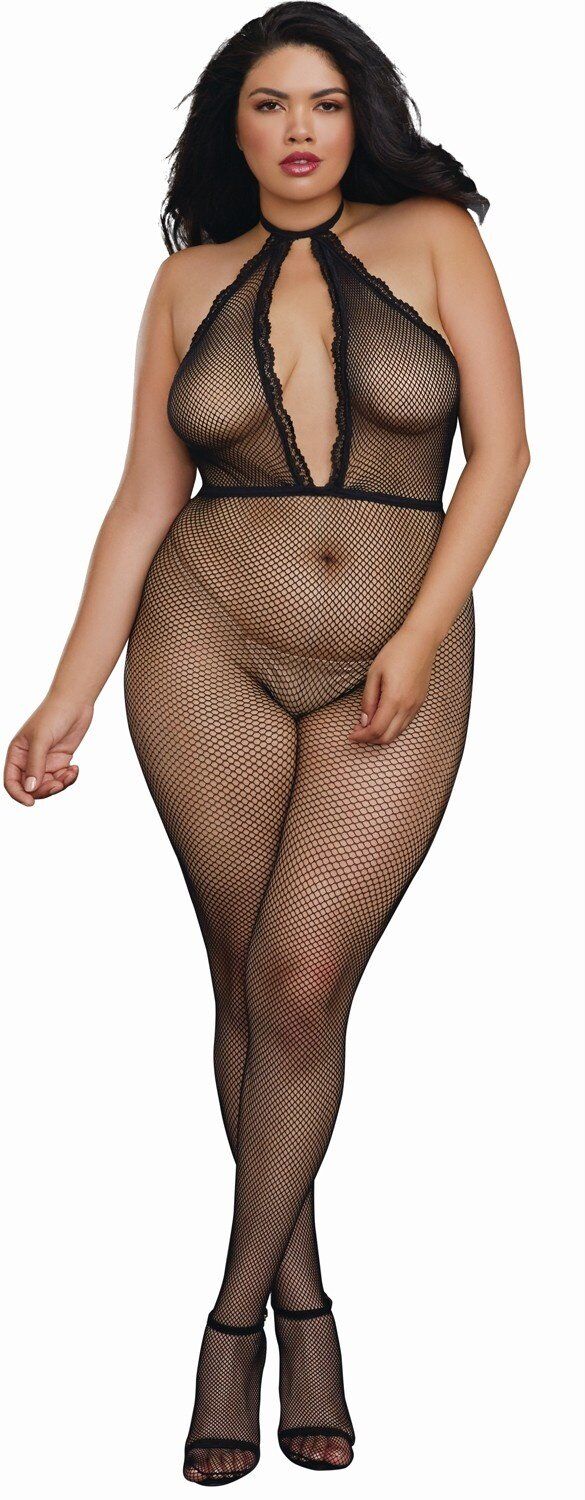 Dreamgirl Bodystocking résille grande taille à encolure plongeante