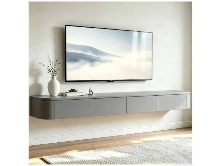 Wandmontage-Medienkonsole, sich hin- und herbewegende TV-Regale, TV-Ständer für Wohnzimmer, Schlafzimmer, Unterhaltungszentrum-TV-Konsole mit Aufbewahrungsschränken und Klapptüren(Grey,260cm)
