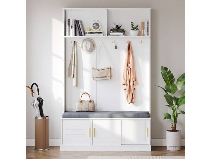 Vestiaire d'Entrée - Meuble avec Banc Assise et 6 Patères Structure en MDF Blanc