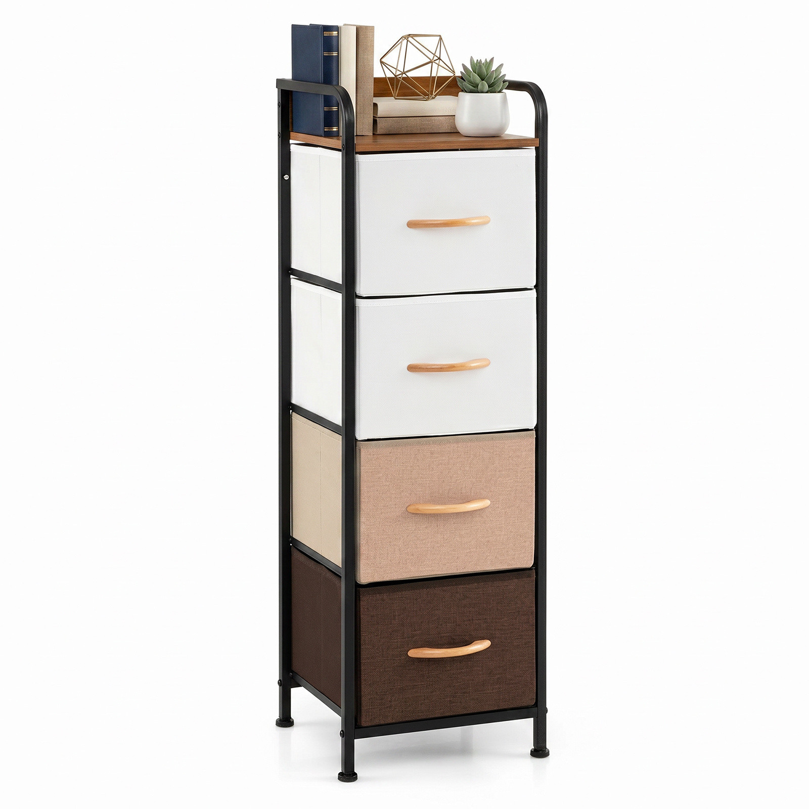 Costway Moderne Commode met 4 Stoffen Lades, Metalen Frame en Houten Handgrepen