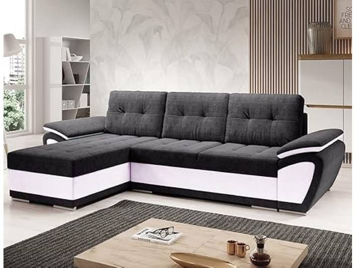 Easy4You ENZO Schwarz/Weiß Ecksofa L-Form Links 268 x 97 x 157 cm mit Schlaffunktion und Stauraum - Schlafsofa mit Bettkasten - Moderne Wohnzimmermöbel – Stoff: SORO 100 + Soft 17