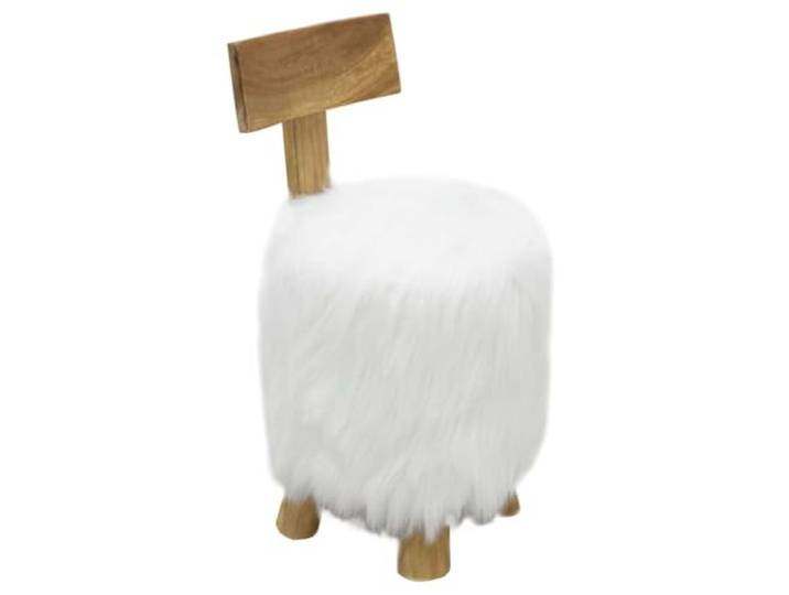 Xhnifbn Hocker Massivholz Weiß mit Ziegenfell Rückenlehne 40x40x72 cm Komfortabler Beistellstuhl aus echtem Fell und Teakholz für Wohnzimmer, Schlafzimmer sowie Essbereich.