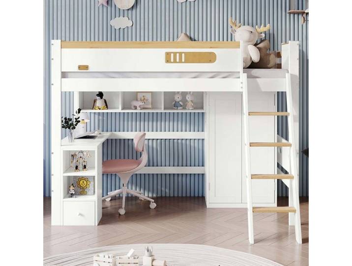 Lit mezzanine enfant - Lit superposé 90 x 200 cm - Armoire intégrée - Bureau - Barrières sécurité