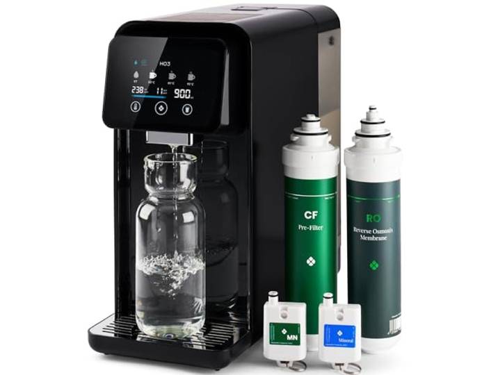 HO3 Home One Auftisch Osmoseanlage für Trinkwasser mit 4 Temperaturstufen (RT, 50, 85, 95°C), 10 Stufen Wasserausgabe, mit Echtzeit TDS, 8 Stufen Filtration und Doppel-Luma-UV, Wasserfilter (Schwarz)