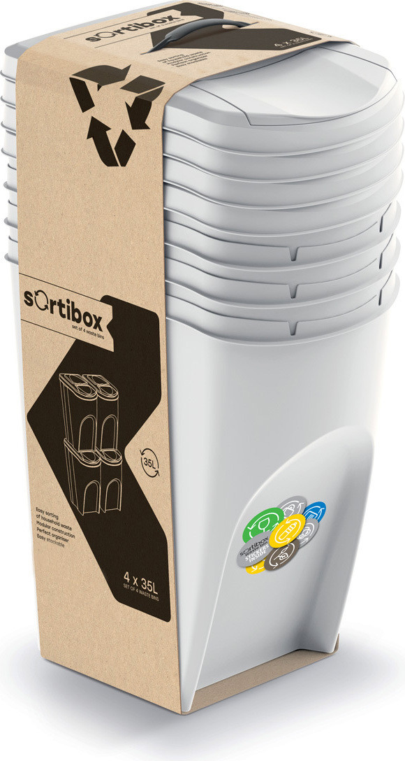 Prosperplast SORTIBOX Afvalbak met 4 compartimenten van elk 35 liter en asbak, Solid