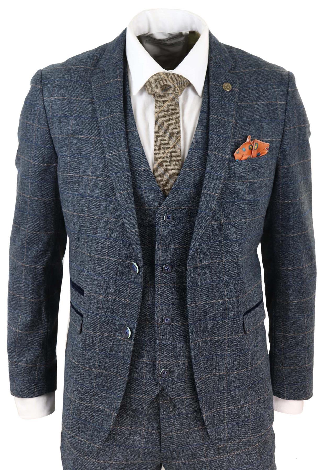 Heren 3-delig blauw tweed geruit vintage pak