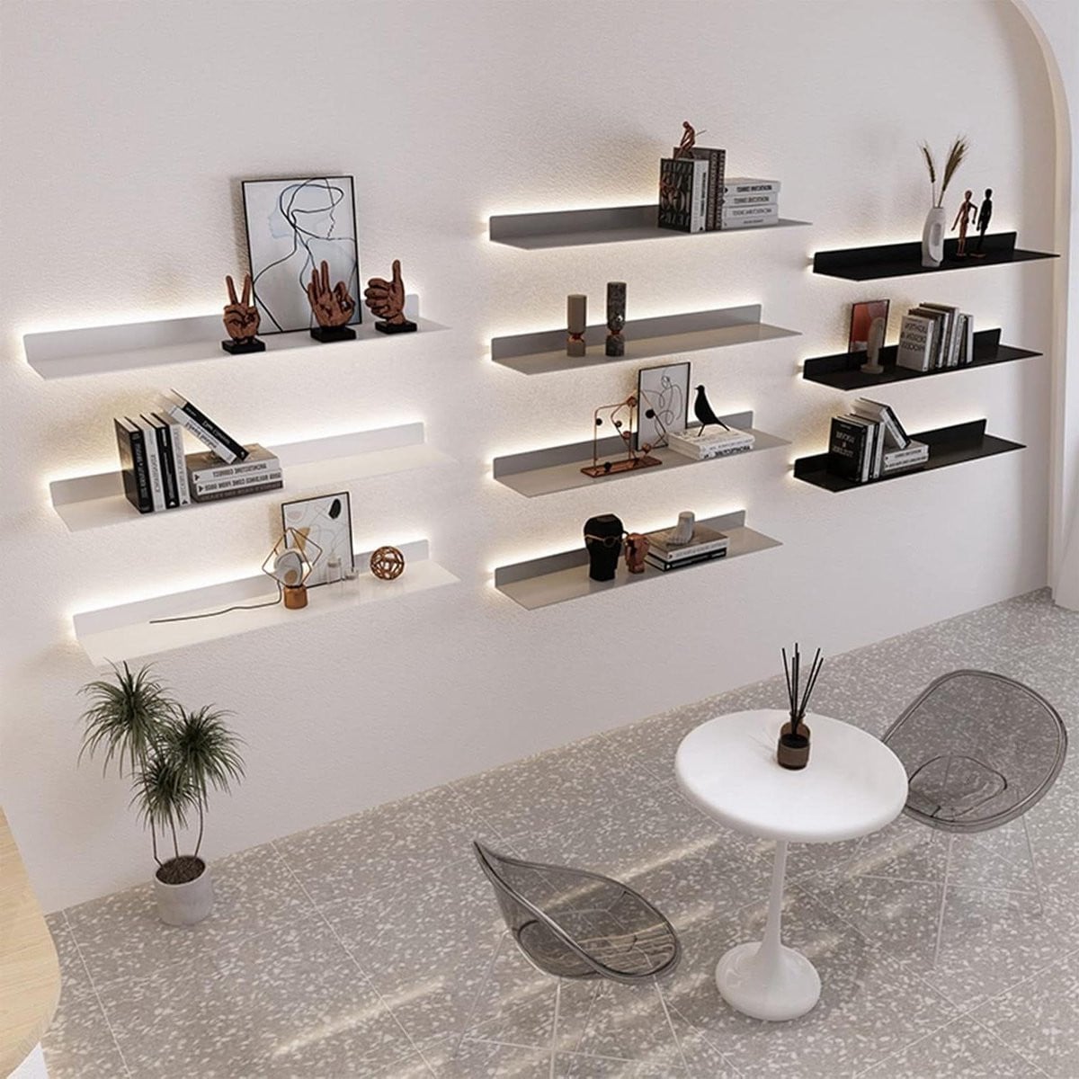 Zwevende wandplank met ingebouwde LED-verlichting, wit