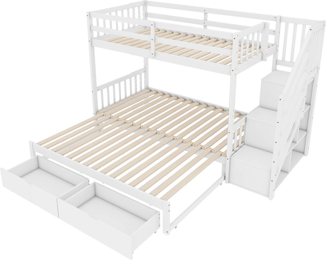 Etagenbett,Kinderbett Hochbett(Weiß)mit Ausziehbett,mit Lattenrost,Speicherbare Schritte, Zwei Schubladen,Kiefernholz,Minimalistisch