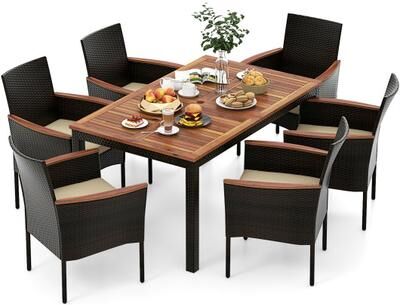 Costway 7 Pieces Rattan Patio Dining Set with Stackable Chairs and Umbrella Hole