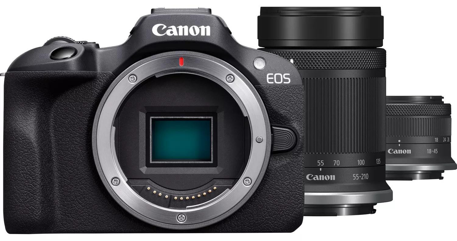Canon EOS R100 camera met RF-S 18-45mm en RF-S 55-210mm lenzen