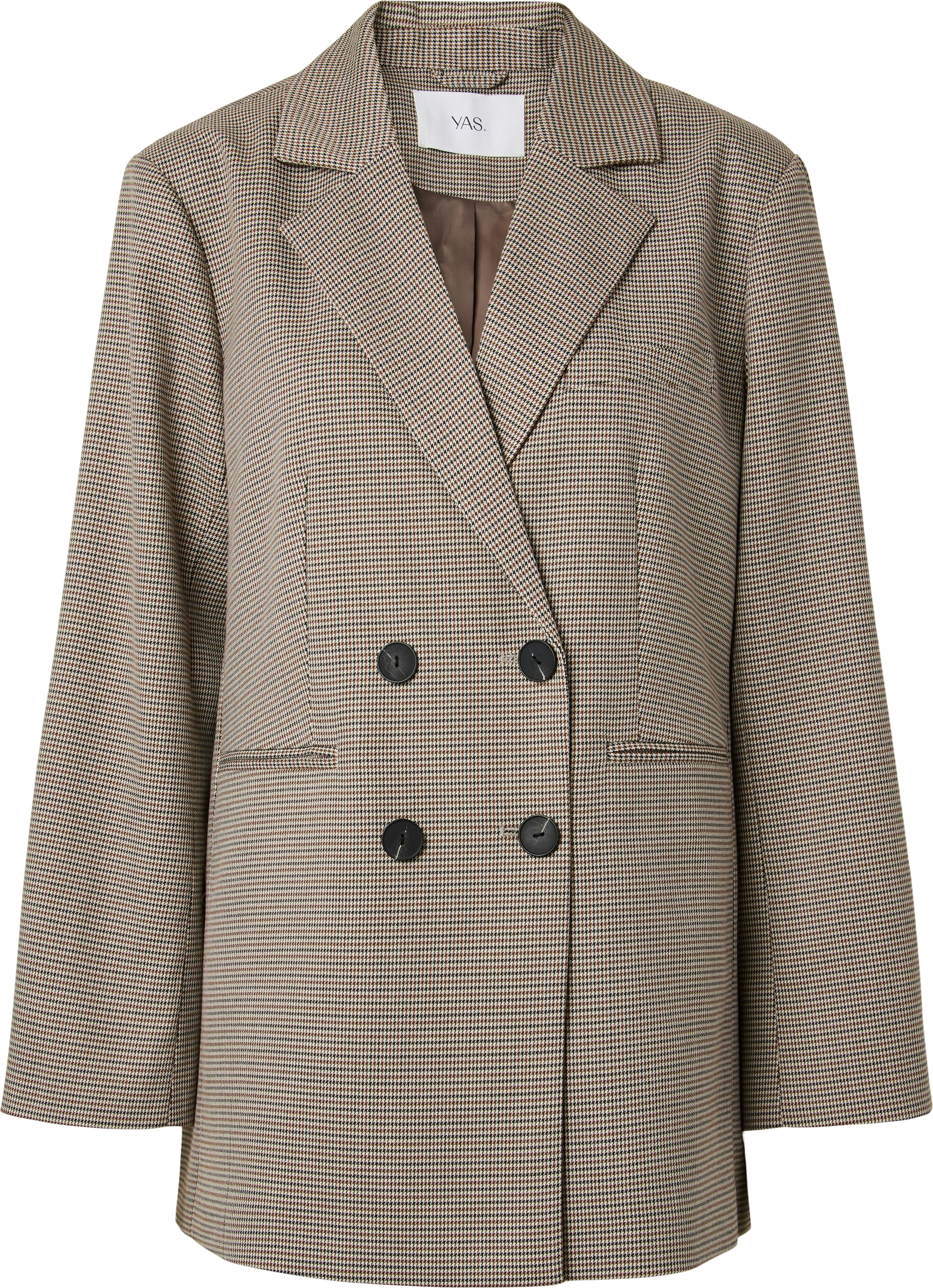 Longblazer Y.A.S "YASCHEKKA LS OVERSIZE BLAZER NOOS", Damen, Gr. 36, beige (schwarz checks:with checks), Web, Obermaterial: 80% Polyester, 18% Viskose, 2% Elasthan, kariert, oversize hüftbedeckend, V-Ausschnitt, Blazer Longblazer, Materialmix, oversize sc
