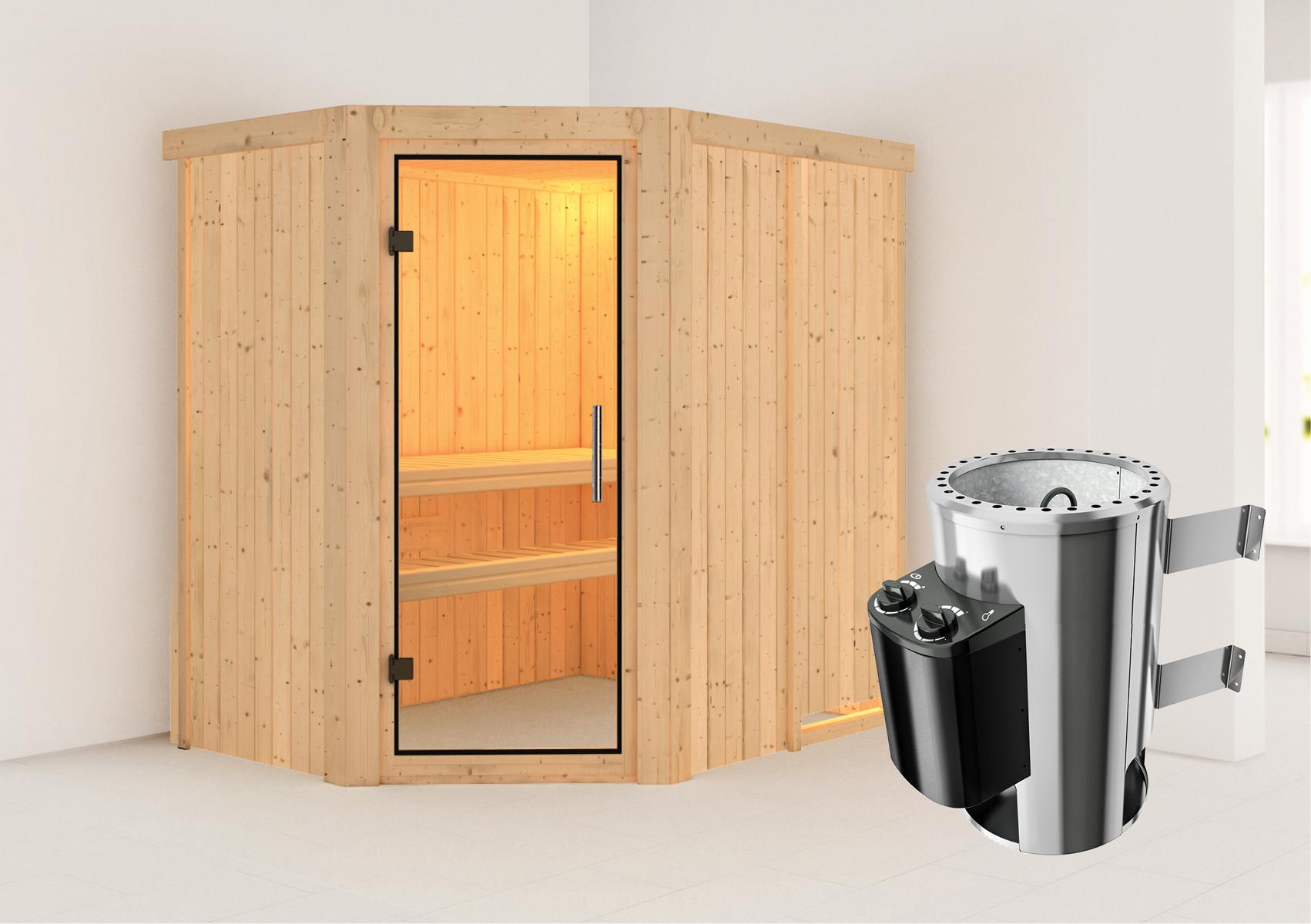 KARIBUHOLZT Sauna Saja Eck 3,6kW int.Strg klarglas GGT 16880035