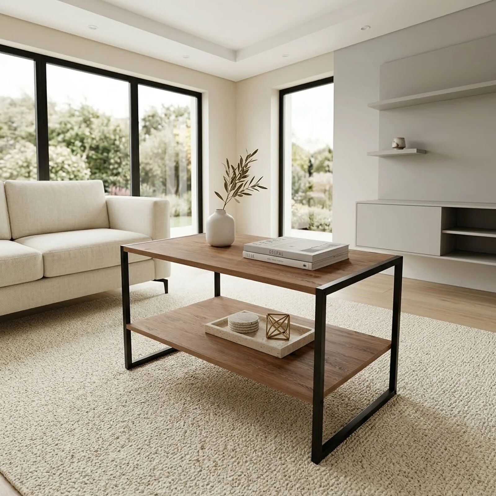 garneroarredamenti Tavolino da salotto 90x50cm 1 ripiano metallo rovere rustico Tivoli
