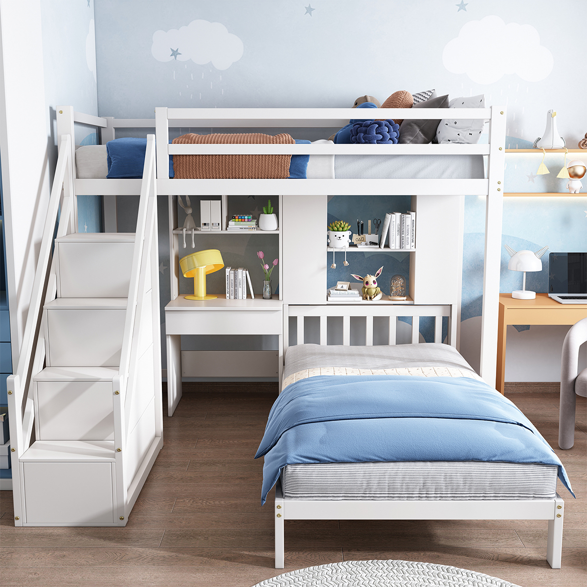 Etagenbett mit Schreibtisch und Regale Multifunktionales Kinderbett Hausbett Jugendbett Doppelbett 90*200cm Weiß