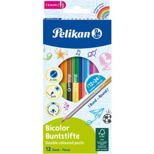 Pelikan Buntstifte Bicolor, 700146, farbig sortiert, zweifarbig - 24 Farben, 12 Stück