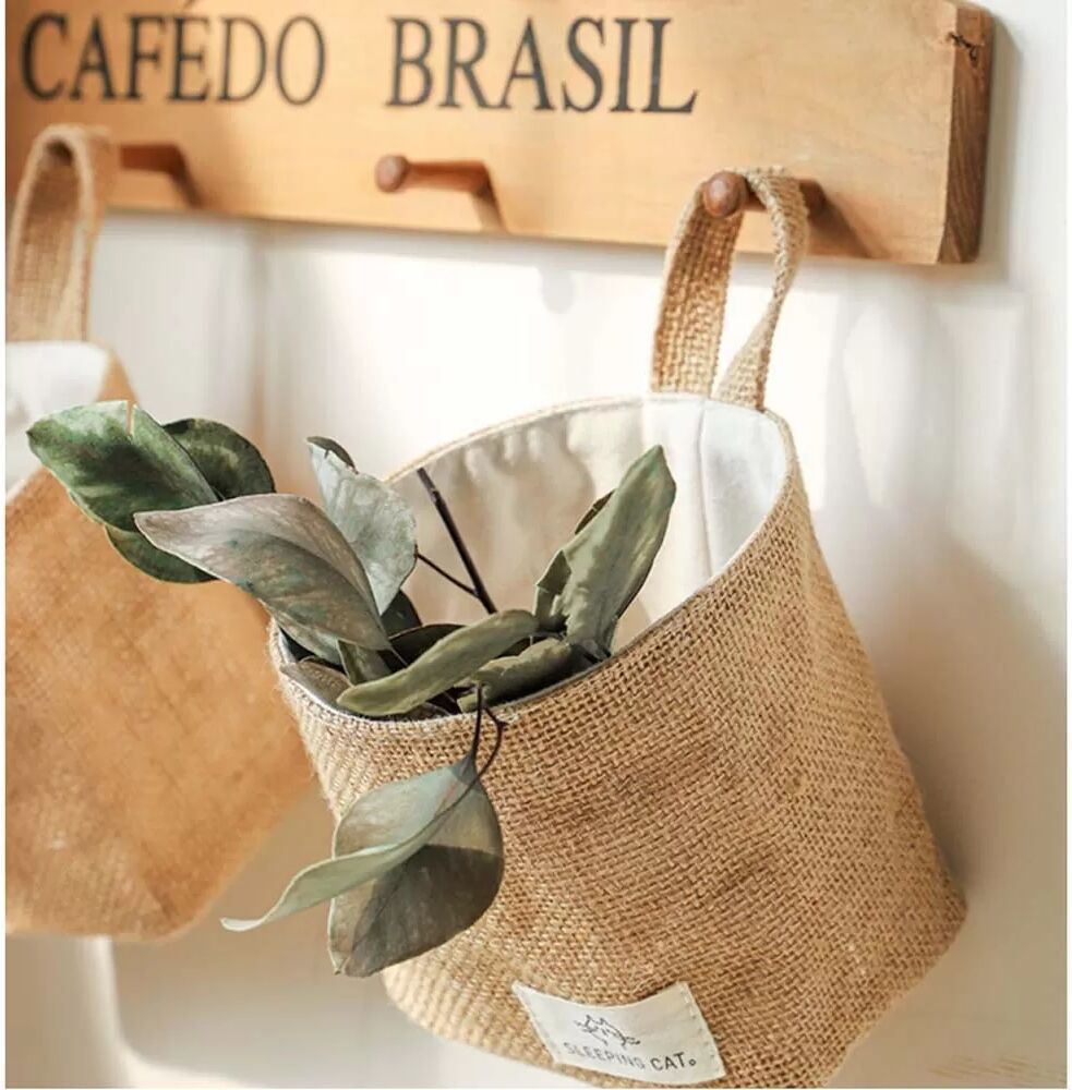 INF Petit panier suspendu en jute, panier de rangement mural pour dortoir, panier de rangement en tissu pour clés et