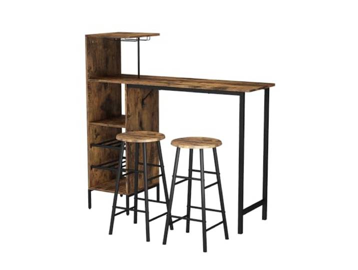 Vicco Bartisch-Set Fyrk, Schwarz/Eiche rustikal, 121.5 x 40 cm mit 2 Hocker, geeignet als Essplatz mit Ablageflächen zur Aufbewahrung
