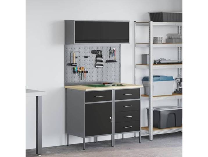 KFPOERTFGD Werkstatt Schrankset 100 x 55 x 200 cm aus pulverbeschichtetem Stahl mit 5 Schubladen, Schloss und Regal
