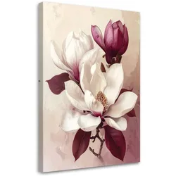 LEINWANDBILD, Weiße Magnolie mit burgunderroten Blättern in einem romantischen Stil