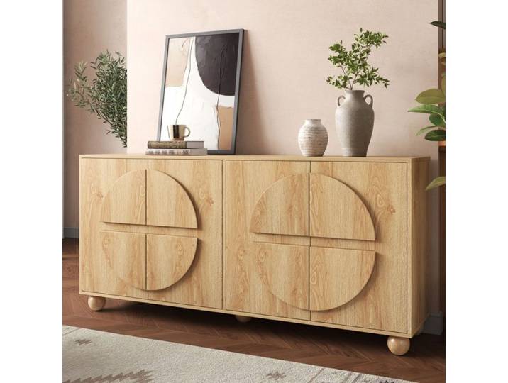 Buffet 4portes motif en relief circulaire avec étagères réglables meuble d'entrée imitation bois meuble de rangement pour salon
