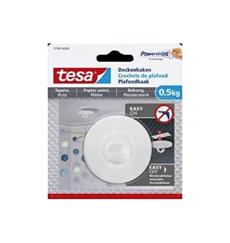 tesa Plafondhaak voor behang en pleisterwerk, wit, inclusief tesa Powerstrips, draagkracht 0,5 kg