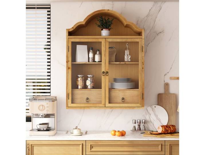 VUENOR armoire murale rétro 60 x 22 x 76 5 cm naturel – verre trempé 2 portes vitrées et 2 tiroirs
