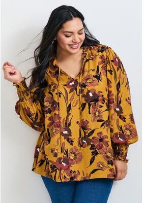 Plus Size Women's Abby Blouson Sleeve Blouse by Avenue in Sketched Floral (Size 14)