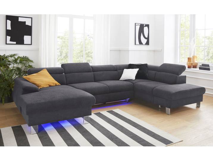 Wohnlandschaft, Microfaser PRIMABELLE, Grau, 320 cm, U-Form, Kopfteilverstellung & Licht, Cotta