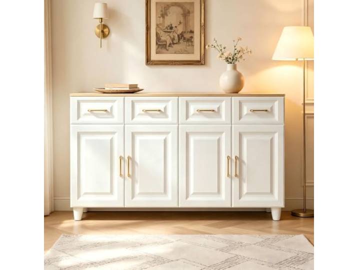 VILUXE Sideboard 140 cm mit 4 Schubladen & 4 Türen Weiß Eiche Buffetschrank mit 4 Türen, 4 Schubladen und verstellbaren Böden, Küche, Esszimmer und Wohnzimmer