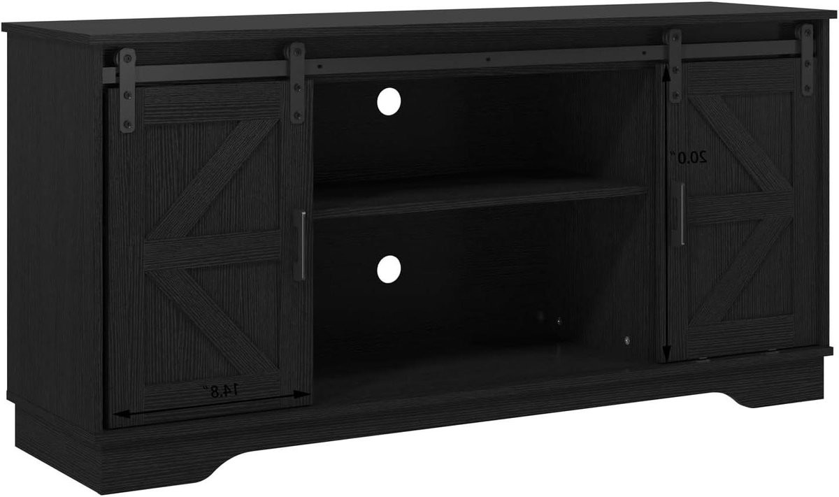 Zwart dressoir buffet met 2 schuifdeuren voor in de keuken of eetkamer, Lengte: 147 cm