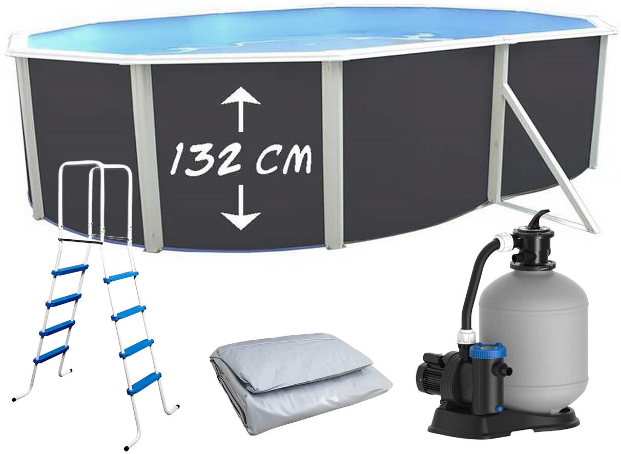 Piscine hors-sol acier TOI MAGNUM ANTHRACITE ovale 640x366x132cm liner gris filtre 6m³/h