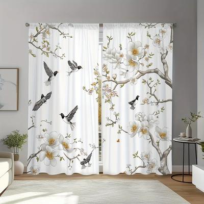 Inspired Living Floral Bird Print Polyester Window Curtains Set For Living Room & Bedroom (2pcs) 76x165cm