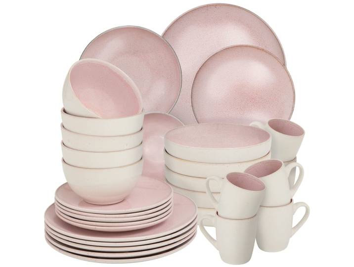 Set de vaisselle 30 pièces en faïence 6 personnes fait main rose