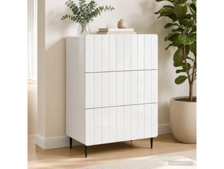 Schubladenschrank Weiß 66 x 34,5 x 92 cm Holzwerkstoff mit 4 Schubladen Streifenmuster, Eisenbeine, pflegeleichte Oberfläche, vielseitig nutzbar