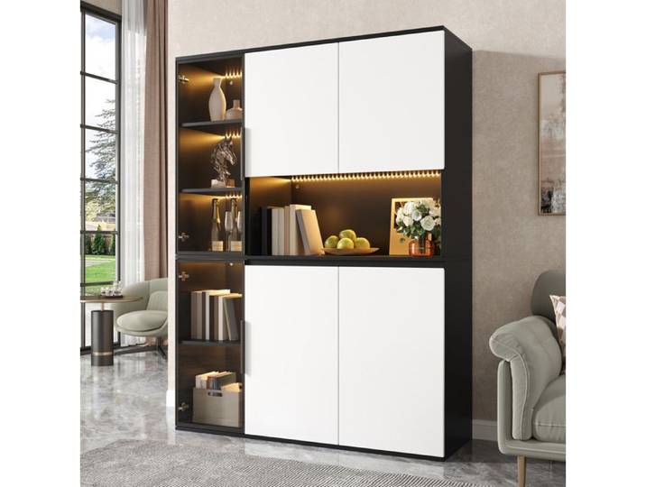 Vitrine buffet haut 120x40x160 cm noir et blanc avec LED intégrée verre et rangements MDF
