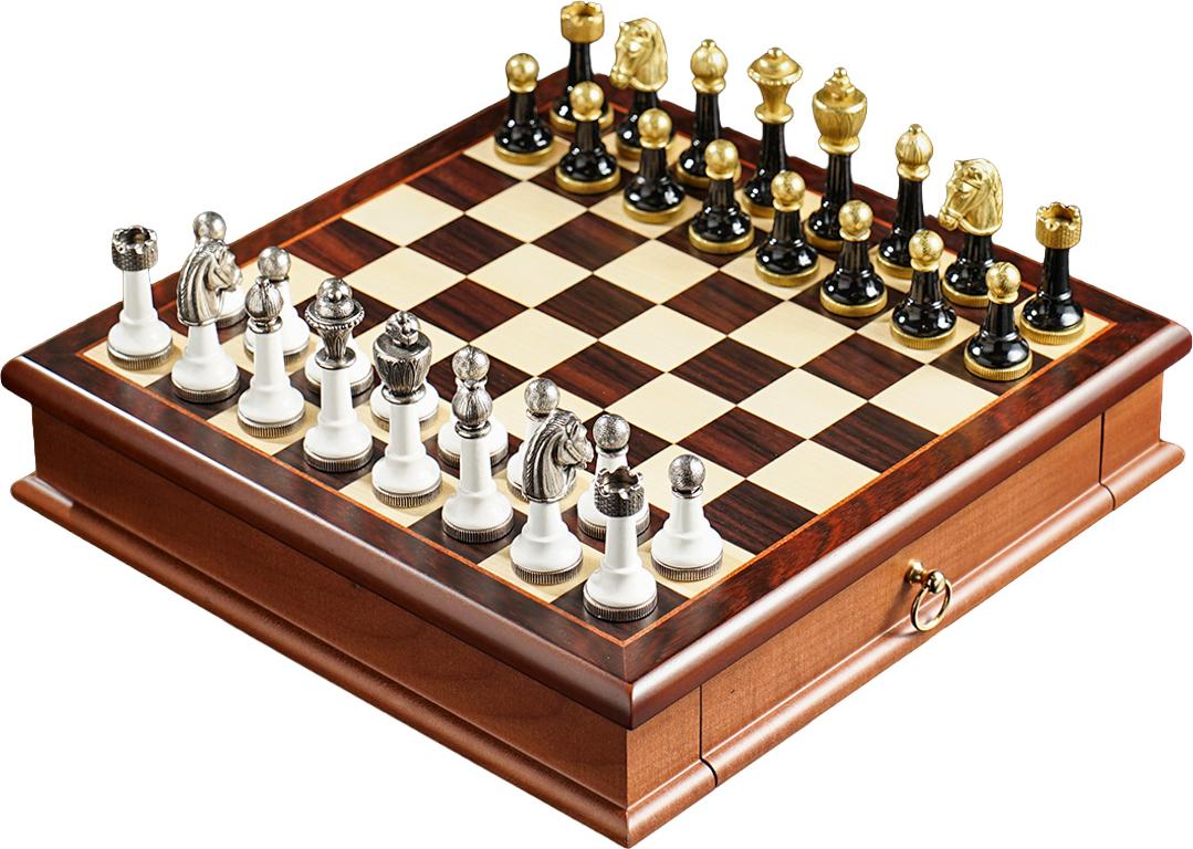 Italienische Schachfiguren Klassisch Metall/Holz + Schachbrett 32 Mit Schublade