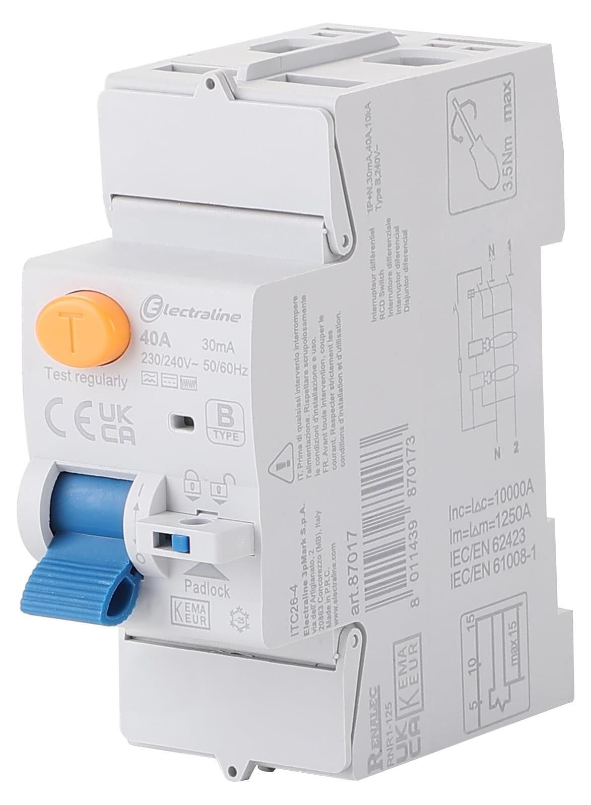 Electraline 87017 foutstroombeveiligingsschakelaar, 40 A, 30 mA, eenfasig
