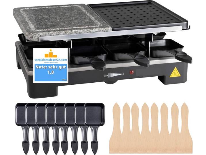 Everhomely® Raclette Raclette-Grill für 8 Personen mit 8 Pfännchen und Schabern, 8 Raclettepfännchen, 1400,00 W, mit Grillplatte