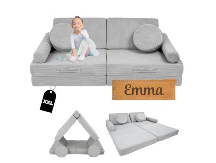 Flumi Modulares Kindersofa 10-teilig – Kindercouch für Kinderzimmer mit waschbarem Bezug, personalisierbar mit Namen (Cord Grau)