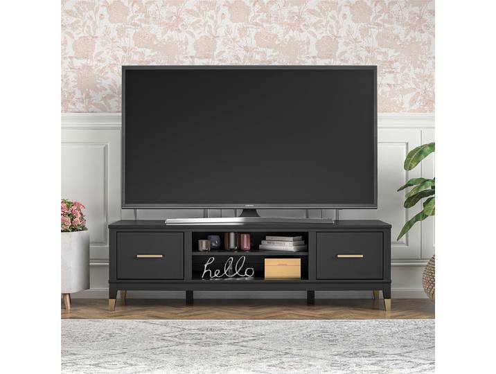 Lowboard DOREL HOME Westerleigh , schwarz, B:152cm H:19cm T:50cm, MDF, Massivholz, Sideboards, Lowboard, Kommode mit 3 x Kabeldurchführungen, MDF, Breite 152 cm